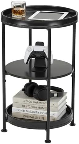 Dulcii Side Table, Round End Table with 3 Shelves for Living Room, Bedroom, Nightstand with Steel Frame for Small Spaces, Industrial Round Sofa Table, Outdoor Accent Coffee Table, Black
