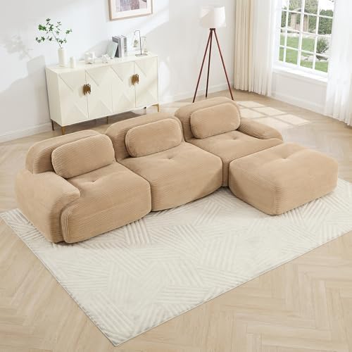 117" Corduroy Modern Sectional Couch, Boneless Couch, Compact sofa, Camel