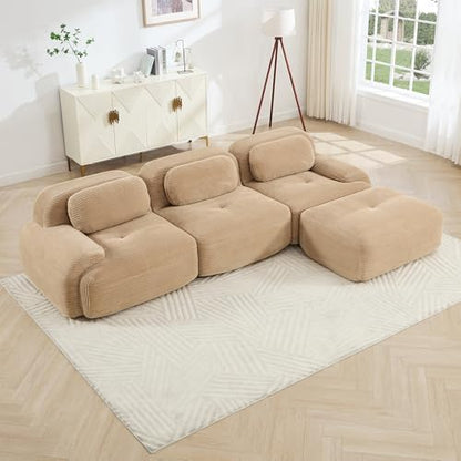 117" Corduroy Modern Sectional Couch, Boneless Couch, Compact sofa, Camel