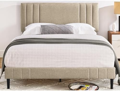 DeCoro Chicago Channel Tufted Upholstered Platform Bed Frame, Linen, Queen