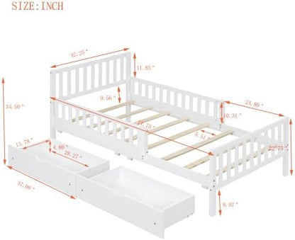 Bellemave Twin Size Kids Platform Bed with Fences and 2 Drawers, Wooden Twin Bed Frame with Guardrails on Both Sides for Boys Girls, White