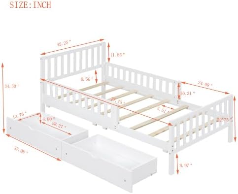 Bellemave Twin Size Kids Platform Bed with Fences and 2 Drawers, Wooden Twin Bed Frame with Guardrails on Both Sides for Boys Girls, White