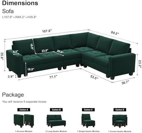 Belffin Modular Sectional Sofa L Shaped Couch with Reversible Chaises 6-Seater Convertible Sectional Sofa Couch Velvet Corner Sofa Green