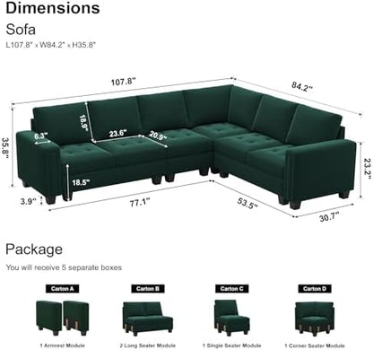 Belffin Modular Sectional Sofa L Shaped Couch with Reversible Chaises 6-Seater Convertible Sectional Sofa Couch Velvet Corner Sofa Green