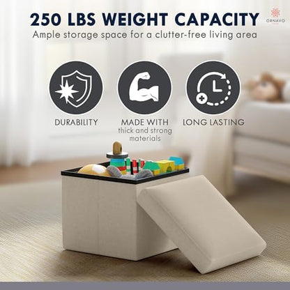Ornavo Home Small Square Storage Ottoman, Foldable Linen, 12x12x12, Beige