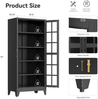 71" Metal Storage Cabinet with 5 Adjustable Shelves, Glass Grid Black