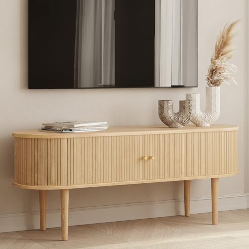 55'' TV Stand with Storage and Shelves for 32-60 inch TV. Wood Entertainment Center with Doors for Living Room and Bedroom, Mid Century Modern Console Table, Television Stand (Oak)