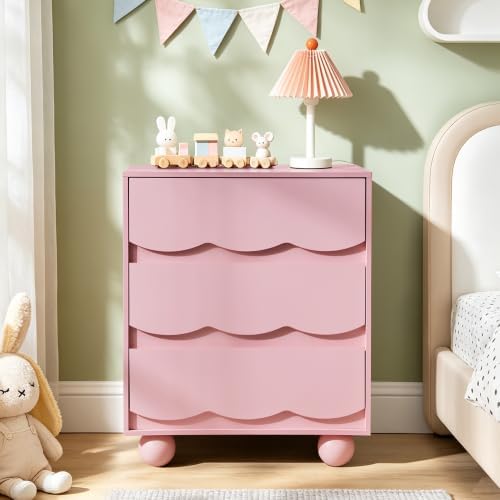 Pink Scalloped 3 Drawer Nightstand Set of 2 for Bedroom Dorm