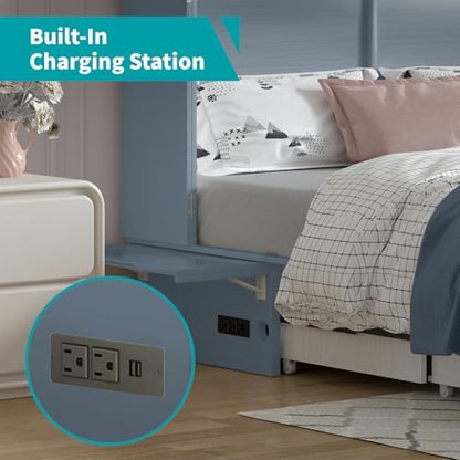 BALUS Queen Murphy Bed, Cabinet Murphy Bed with USB Charging Station-Blue