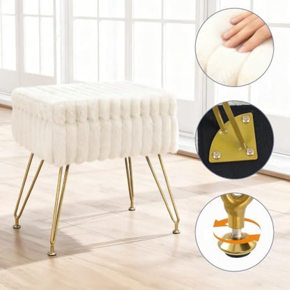 Vanity Stool Chair with Storage, Faux Fur Soft Padded Ottoman with Coffee Table, Modern Vanity Chair Fluffy Footstool with Metal Legs for Makeup, Living Room, Bedroom White