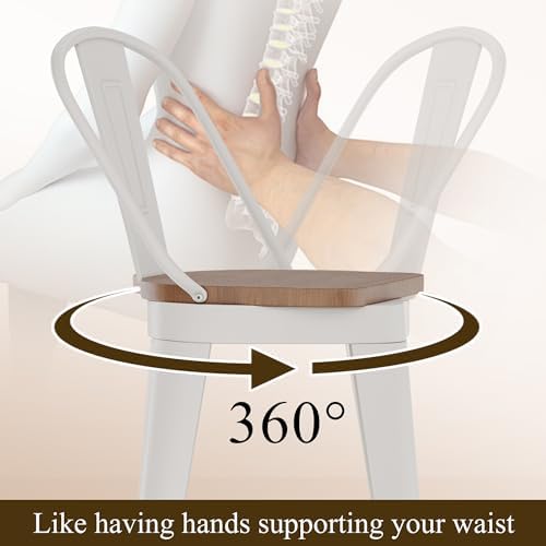 Aklaus Swivel Bar Stools 30 inch Swivel Metal Bar Height Barstools Set of 4 Modern Farmhouse Bar Chairs with High Backs and Large Wooden Seat for Dining Room Kitchen Island Cream White