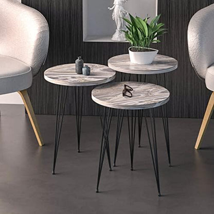 Set of 3 Grey Marble Nesting End Tables Round Wood Stacking Coffee Side Accent Table with Metal Legs for Living Room, Home Office, Nightstands for Bedroom