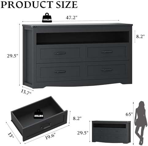 Dresser for Bedroom with LED Lights, 4-Drawer Black Chest of Drawers