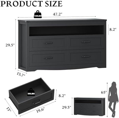 Dresser for Bedroom with LED Lights, 4-Drawer Black Chest of Drawers