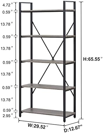 Industrial Bookshelf, Etagere Bookcases and Book Shelf 5 Tier Shelves, Grey Wood and Metal Shelving Unit (Dark Gray Oak)