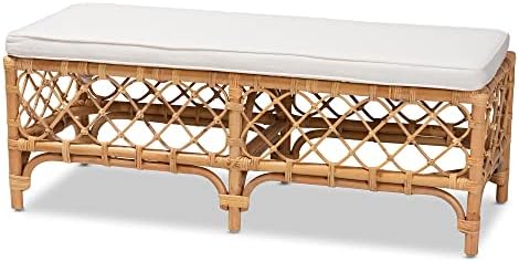 Bali & pari Orchard Natural Rattan Bench with White Cushion – 48" Boho Wicker Ottoman, Handwoven Cane Entryway Seat for Living Room, Bedroom, or Hallway – Coastal & Farmhouse Décor