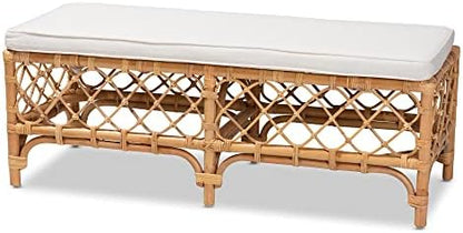 Bali & pari Orchard Natural Rattan Bench with White Cushion – 48" Boho Wicker Ottoman, Handwoven Cane Entryway Seat for Living Room, Bedroom, or Hallway – Coastal & Farmhouse Décor