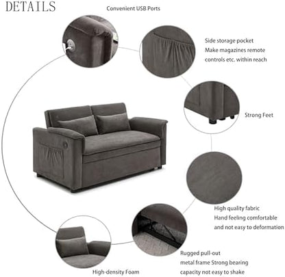 Sofa Bed, Pull Out Couch with Side Pockets, 3 in 1 Velvet Loveseat Sleeper Sofas Beds with USB Ports, Sofa Bed Couch with Adjustable Backrest for Living Room, Bedroom, Apartment, Gray