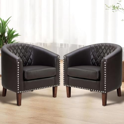 PrimeZone Barrel Chair Set of 2, Comfy Accent Chair, Faux Leather Living Room Chairs Club Chair with Cushion, Nailhead Trim and Diamond Grid Backrest, Reading Chair for Bedroom Waiting Room, Brown