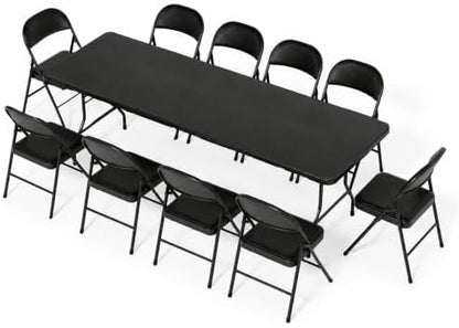 8FT Black Plastic Folding Table Set with 10 Black PU Padded Chairs