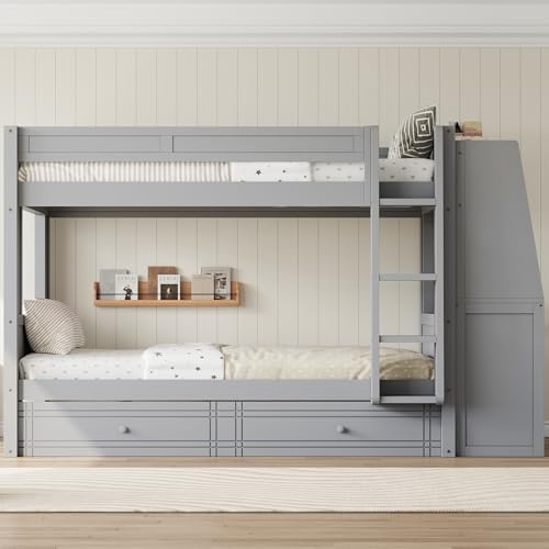 Full Over Full Bunk Bed with Desk,Drawers, Bookshelves,Gray