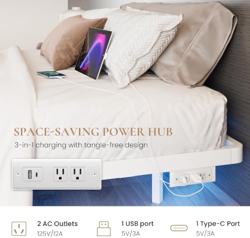 SHA CERLIN Full Size Floating Bed Frame with Smart LED Lights, White