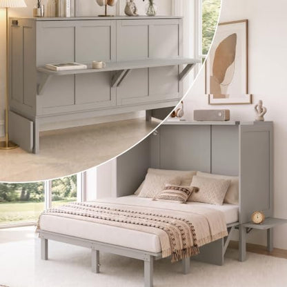 Mjkone Queen Murphy Bed with Desk and Mattress, Dark Grey