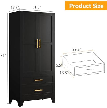 71" Metal Armoire Wardrobe Closet, Tall Clothing Storage Cabinet, Black