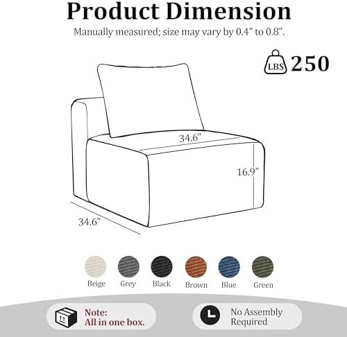 34.6”Modular Sectional Armless Middle Sofa Seat Boneless Corduroy Cloud Chair for Living Room,Beige