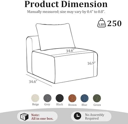34.6”Modular Sectional Armless Middle Sofa Seat Boneless Corduroy Cloud Chair for Living Room,Beige