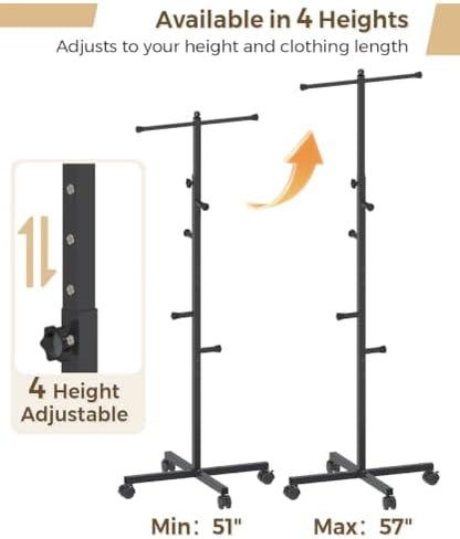 Koutemie 62" T-Shaped Coat Rack Hanger Stand Freestanding with Wheel, Black