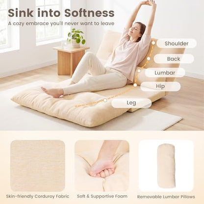 GIANTEX Adjustable Floor Sofa Couch with 2 Pillows, Multi-Functional 6-Position Foldable Lazy Sofa Sleeper Bed, Multi-Functional Suede Floor Seating for Reading Gaming (Beige)