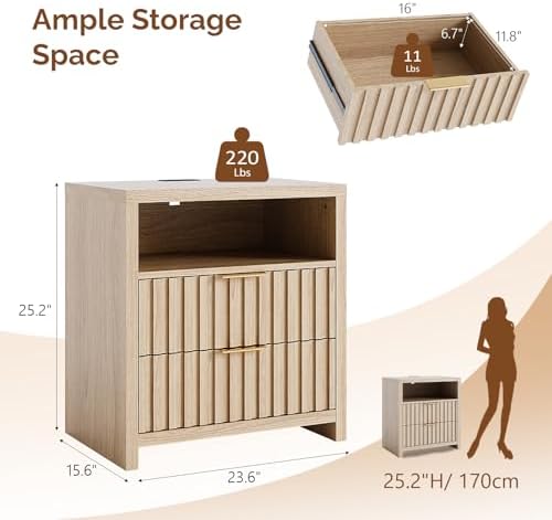 VINGLI Fluted Nightstand Set of 2 with Charging Station, Oak Nightstands
