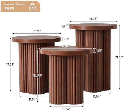Round Nesting Coffee Table Set of 3 Fluted Coffee Table (Walnut)