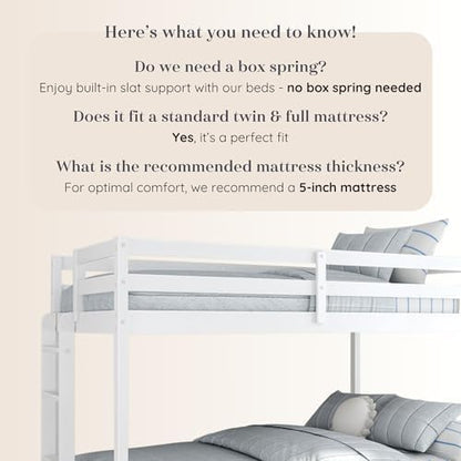 Grain & Grove Bear Twin Over Full Bunk Bed, Sturdy Bunk Bed Frame for Kids, Plywood Bunk with Ladder, Guardrail, and Slats, No Box Spring Required, Brushed White