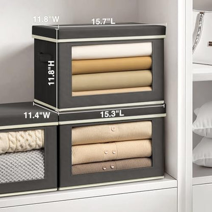 Stackable Storage Bins with Lids - Large Storage Box with Lids, Foldable Closet Boxes for Organizing, Wardrobe Clothes Organizer with Window, Cubes Bins for Living Room, 4 Pack, Dark Grey