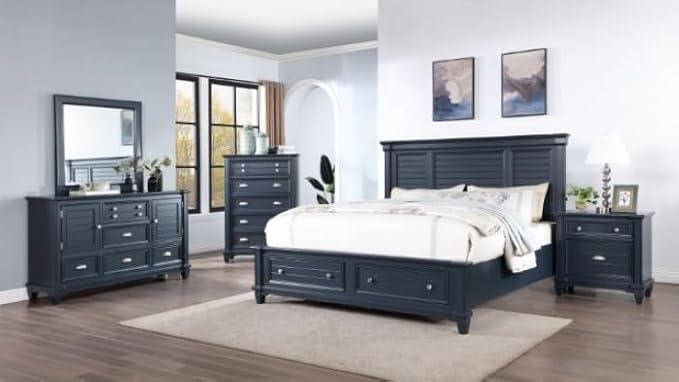 First of a Kind Queen Size Transitional Bedroom Furniture 5 Piece Set in Slate Blue - Panel Headboard Molding Footboard Storage Drawers Nickel Hardware, Bed, Dresser, Mirror, Nightstand & Chest
