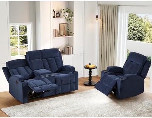 HAOMARKETS 2-Piece Manual Recliner Sofa Set, Included Single Recliner Chair and Loveseat Couch with Hidden Storage, Overstuffed Fabric Reclining Couches with Cup Holders for Living Room, Blue