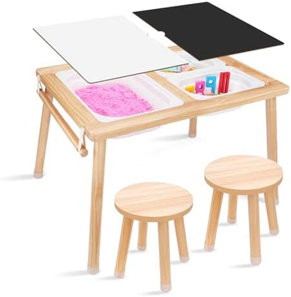 Toddler Sensory Table and Chair Set, Kids Sensory Bin Tables with Paper Roll Stick & Double-Side Board,Toddler Play Table with 3 Storage Bin, Indoor Outdoor Boys Gilrs