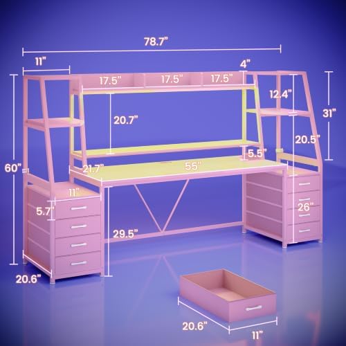 SEDETA 79'' Gaming Desk with LED Lights,8 Drawers and Storage Shelves, Pink