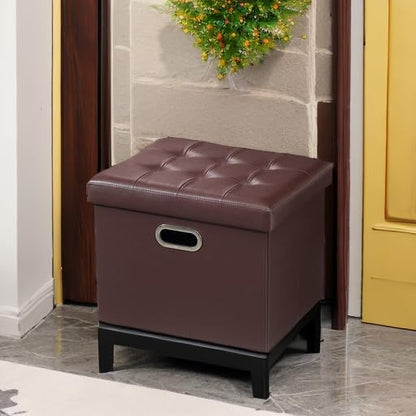 Bsketa Storage Ottoman Foot Rest Stool, Small Leather Storage Ottomans Bench, Folding Foot Stool with Handles Lid, Foot Rest Under Desk for Living Room Bedroom, 17x13x13 in, Brown