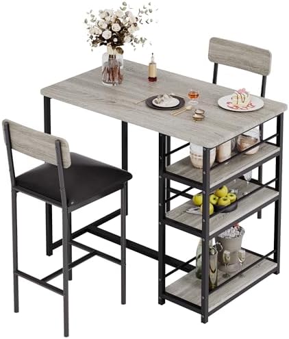Space-Saving 3-Piece Dining Table Set for 2 – Counter Height Table with Upholstered Chairs and 3 Storage Shelves – Perfect for Small Spaces, Apartments, Breakfast Nook – Rustic Grey, 1+2 Set