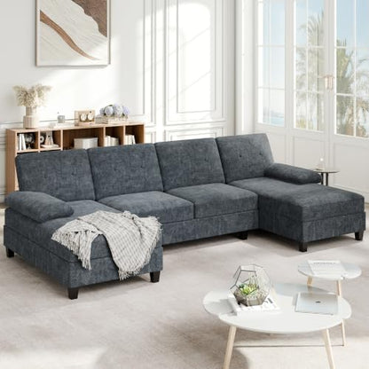 Sectional Couches for Living Room, U Shaped Couch 4 Seat Sectional Sofa with Chaise and Armrests, Comfortable Fabric Sofa for Apartment (Grey)