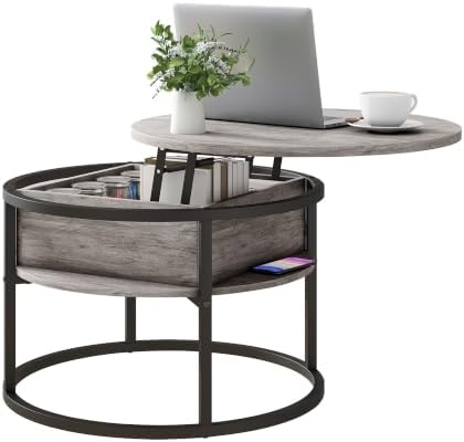 HOJINLINERO Round Coffee Table with Storage,Lift Top Coffee Table for Living Room Reception Room,2 Tier Small Round Table Dining Center,Grey