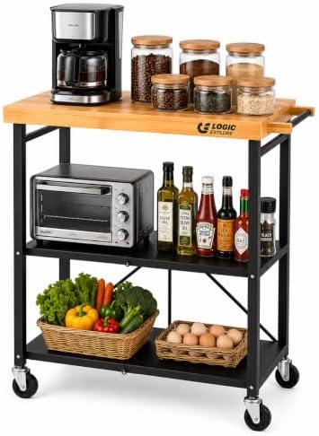 Foldable Kitchen Storage Cart, Solid Oak Top, Locking Wheels