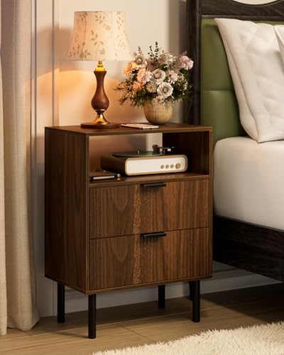 Night Stand,25.6" H Bedside Table with 2Drawers and Open Shelf,Farmhouse Nightstand,Side Table with Gold Frame for Bedroom,Living Room,Pale Walnut