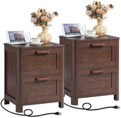 Joaxswe Farmhouse Nightstand Set of 2 with Charging Station, Walnut