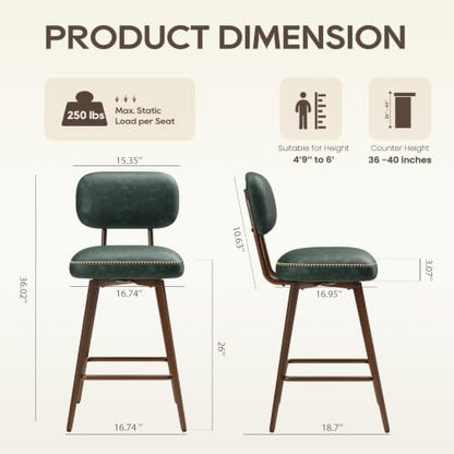 MALOL 26“ Mid Century Leather Swivel Bar Stools Set of 3, Green