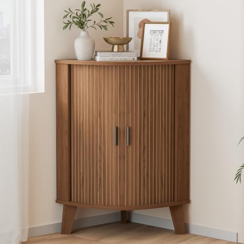 Corner Cabinet with Sliding Door and Storage, Small Bathroom Cabinet for Living Room, Kitchen, Corner Shelf Display Hutch Furniture, Walnut