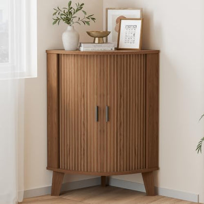 Corner Cabinet with Sliding Door and Storage, Small Bathroom Cabinet for Living Room, Kitchen, Corner Shelf Display Hutch Furniture, Walnut